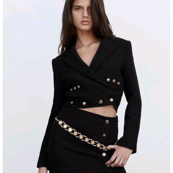 Zara Women's Blazer Large Black Textured Tweed Cotton Gold Detailed Buttons - Picture 2 of 13